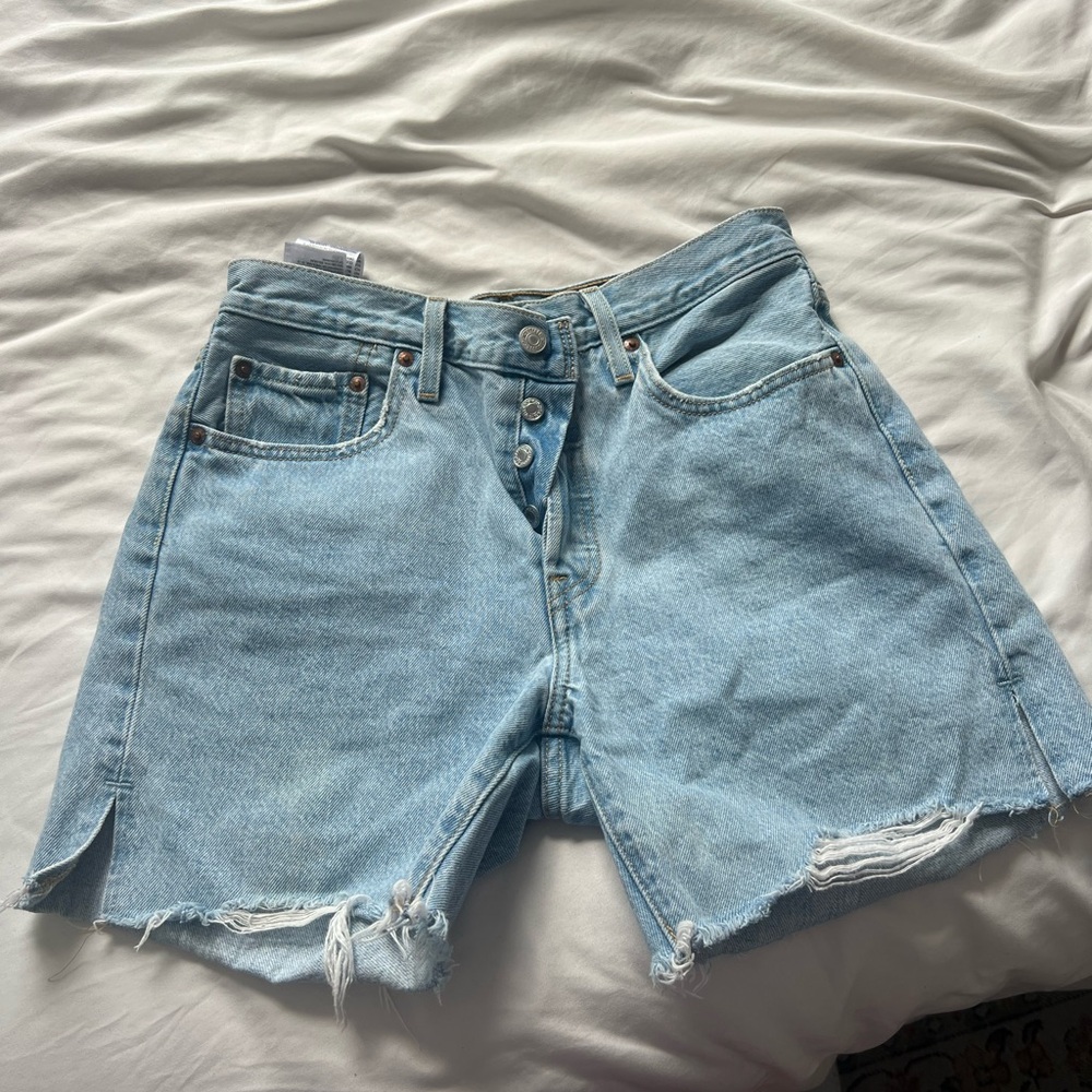 Levi Blue High-Waisted Jean Shorts with Distressed Hem